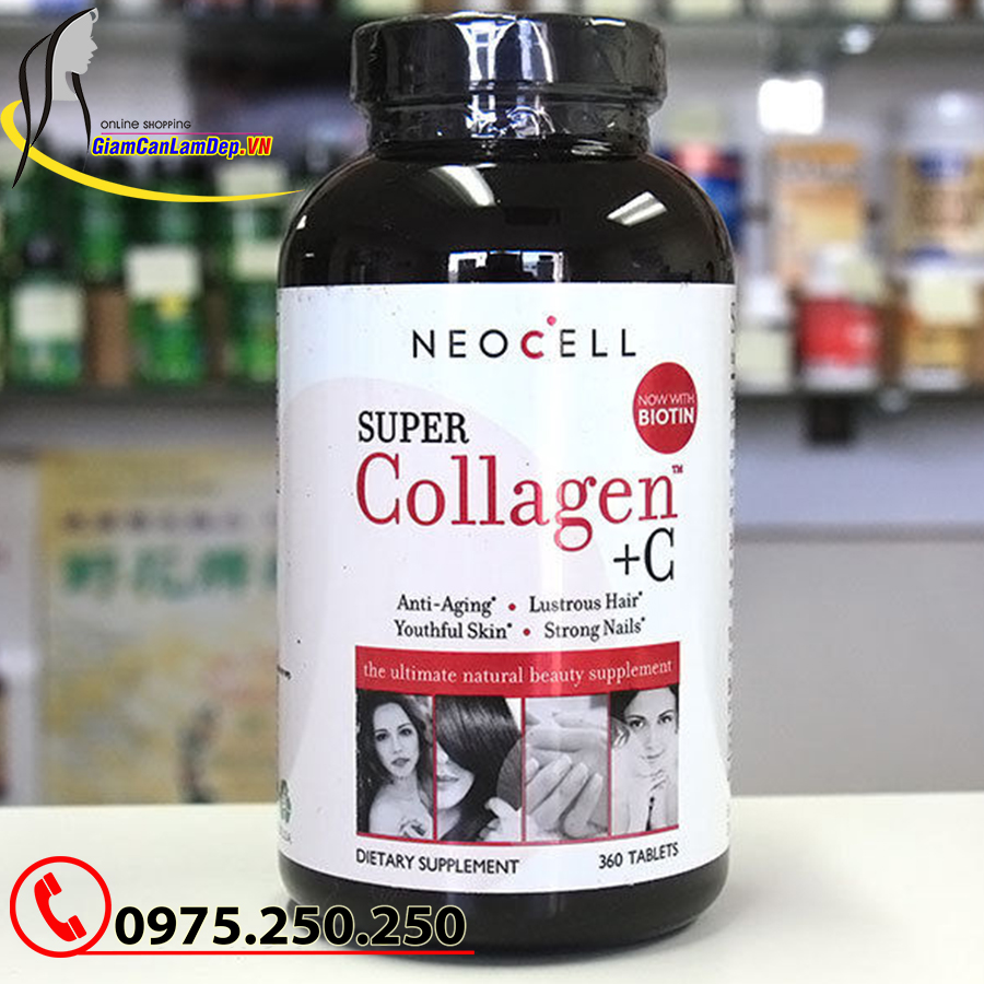 Viên Uống Collagen +C 360 Viên 6000mg Neocell Biotin Super - Đẹp Da - Tóc - Móng 