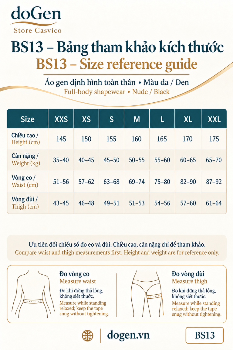Bảng size BS13 màu da và đen từ XXS đến XXL theo chiều cao, cân nặng, eo và đùi
