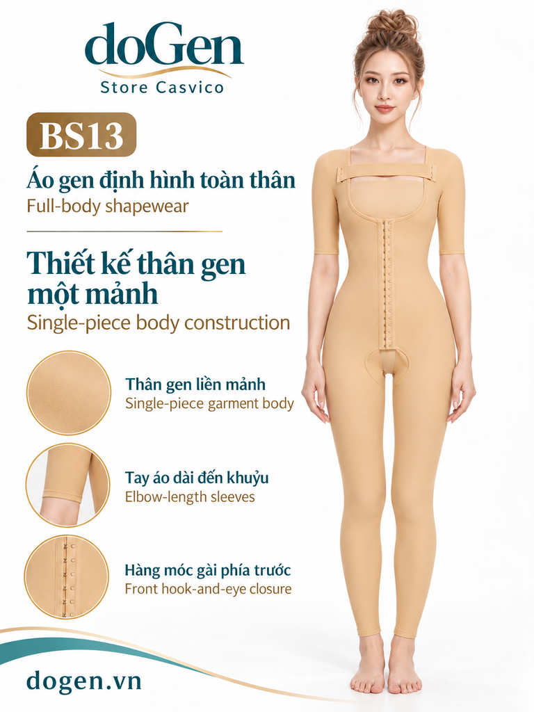 Poster BS13 màu da với người mẫu và các khung chi tiết thân áo, tay và móc gài