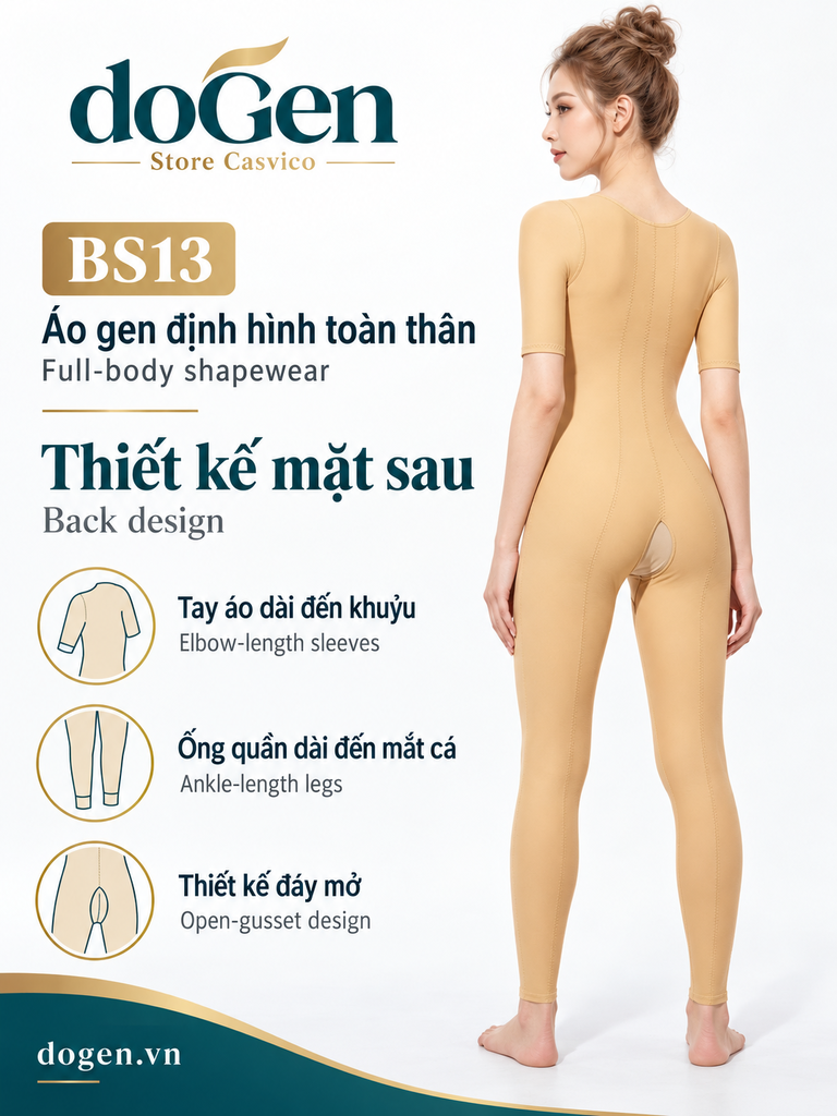Người mẫu mặc BS13 màu da nhìn từ phía sau với chú thích tay áo, ống quần và đáy mở