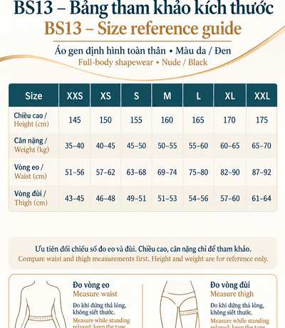 Bảng size BS13 màu da và đen từ XXS đến XXL theo chiều cao, cân nặng, eo và đùi