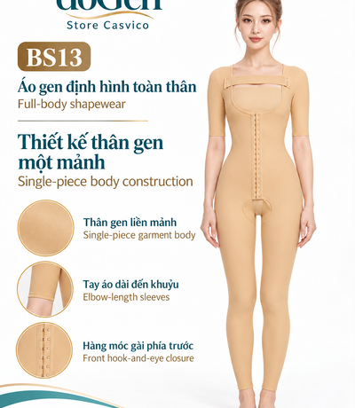 Poster BS13 màu da với người mẫu và các khung chi tiết thân áo, tay và móc gài