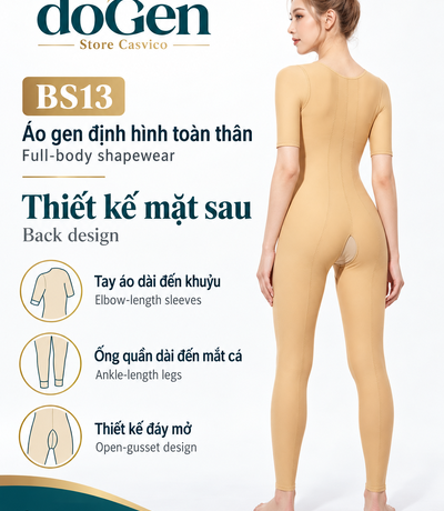 Người mẫu mặc BS13 màu da nhìn từ phía sau với chú thích tay áo, ống quần và đáy mở