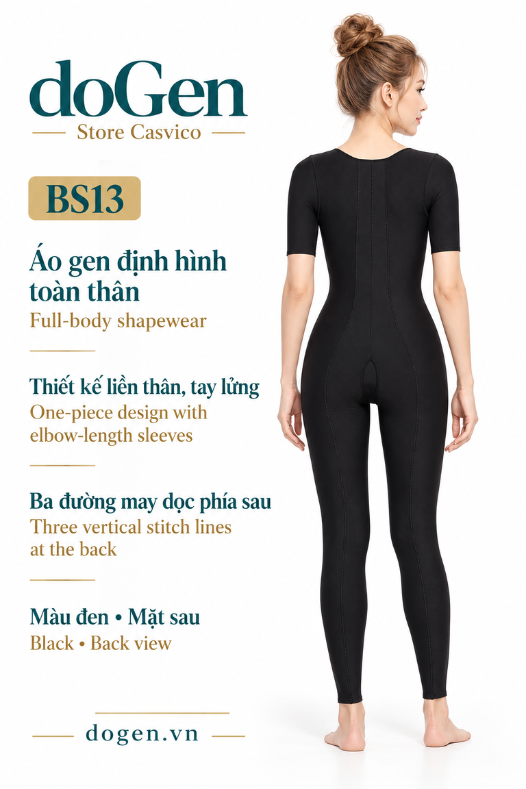 Mặt sau bộ gen BS13 màu đen với tay lửng, đường may dọc và ống quần dài