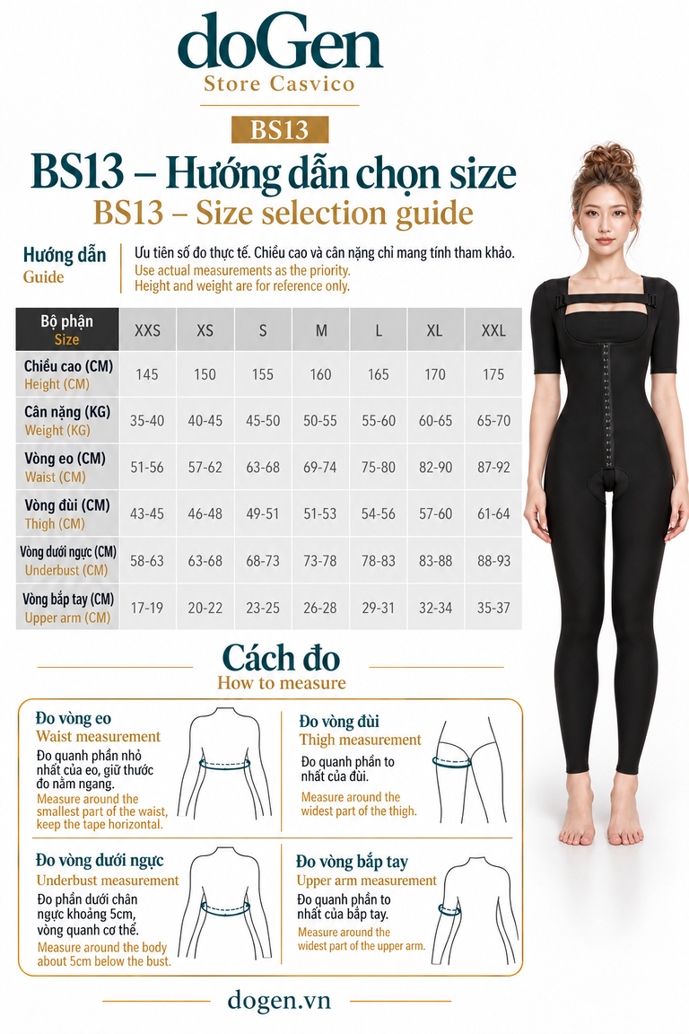 Bảng size BS13 XXS đến XXL kèm người mẫu màu đen và hướng dẫn đo eo, đùi, dưới ngực, bắp tay