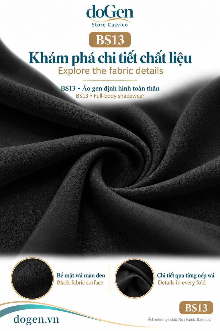 Minh họa các nếp vải màu đen và hai khung chi tiết bề mặt của BS13