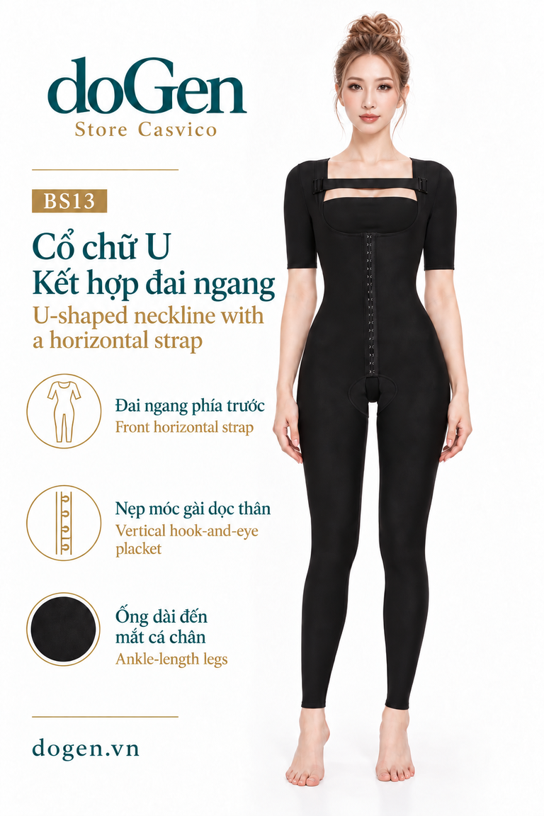 Poster BS13 màu đen với chú thích vùng cổ chữ U, đai ngang và nẹp móc gài
