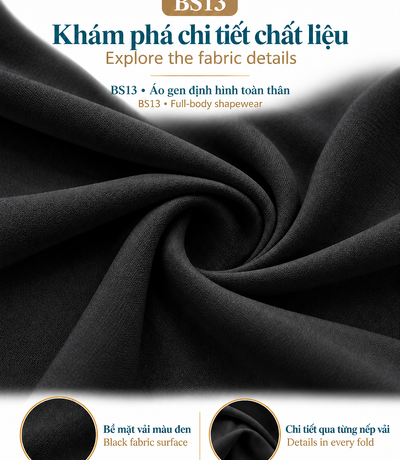 Minh họa các nếp vải màu đen và hai khung chi tiết bề mặt của BS13
