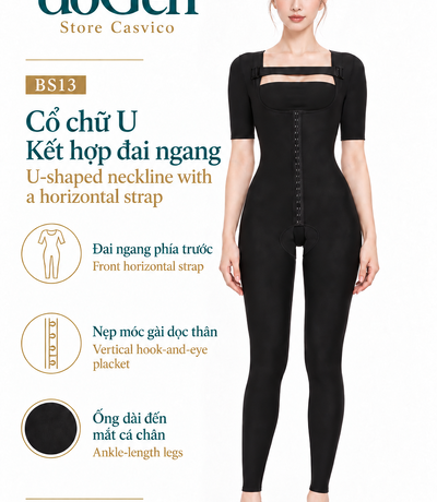 Poster BS13 màu đen với chú thích vùng cổ chữ U, đai ngang và nẹp móc gài