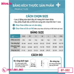 bảng kích thước Áo Gen Định Hình Bắp Tay, Nách, Lưng Sau Hút Mỡ Chuẩn Y Khoa