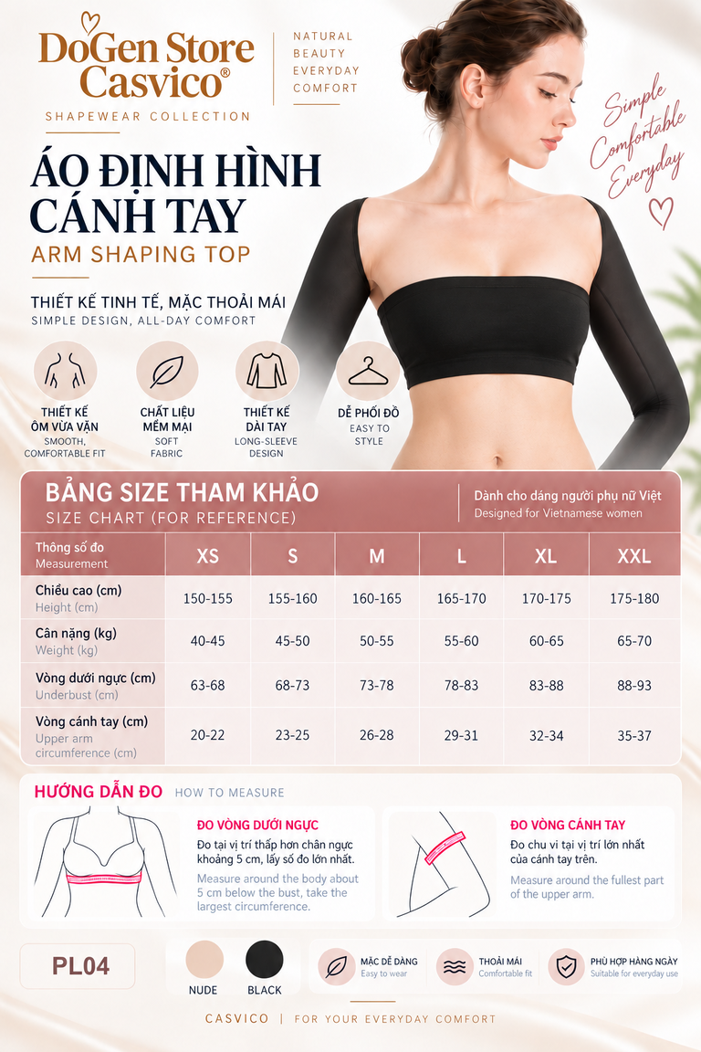 Bảng size XS đến XXL, hướng dẫn đo, người mẫu mặc gen tay đen và biểu tượng màu da, đen