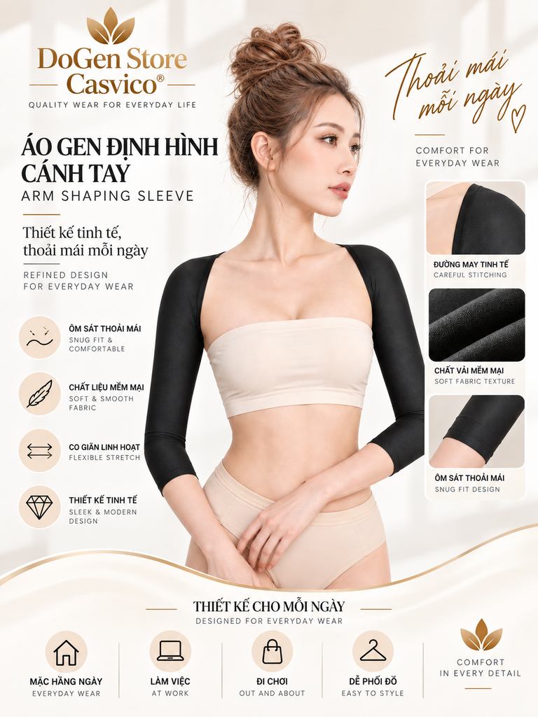 Người mẫu mặc gen tay đen và áo ống trắng ở góc nghiêng, cạnh ảnh cận tay áo