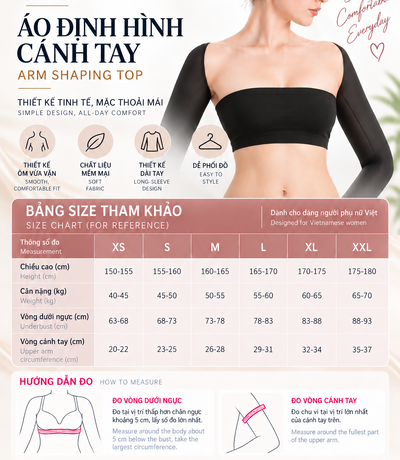 Bảng size XS đến XXL, hướng dẫn đo, người mẫu mặc gen tay đen và biểu tượng màu da, đen
