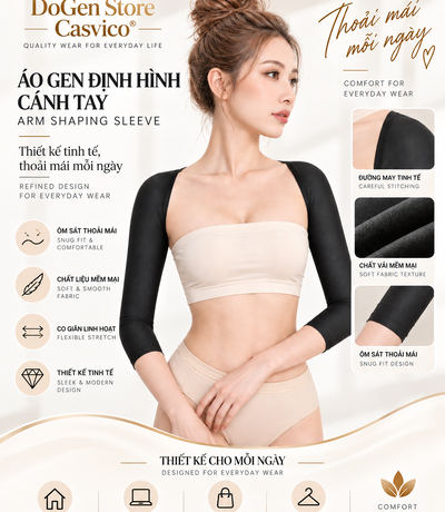 Người mẫu mặc gen tay đen và áo ống trắng ở góc nghiêng, cạnh ảnh cận tay áo