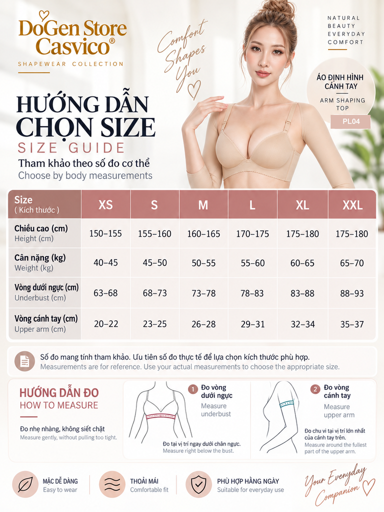 Poster bảng size XS đến XXL, người mẫu mặc gen tay màu da và hướng dẫn đo