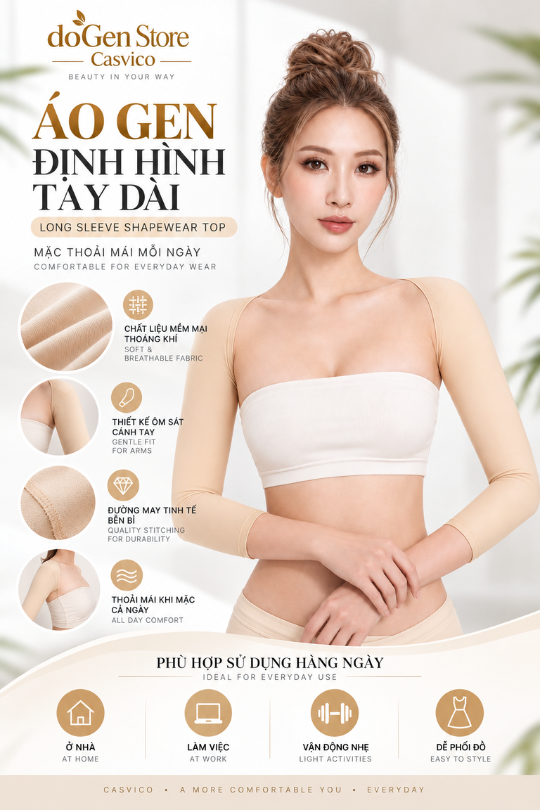 Người mẫu mặc gen tay màu da với một tay đặt gần vai và một tay trước eo