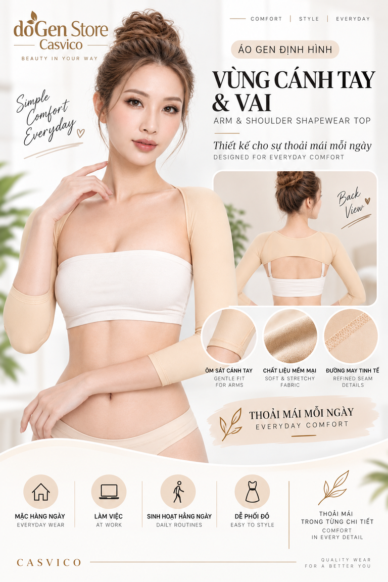 Poster gen tay màu da với ảnh người mẫu phía trước, ảnh mặt sau và các ô cận vải