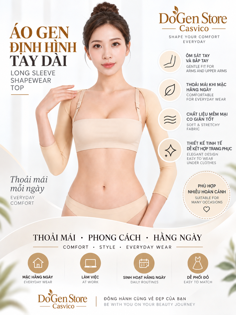 Người mẫu mặc gen tay màu da, hai tay trước người, cạnh các ảnh cận vải và đường may
