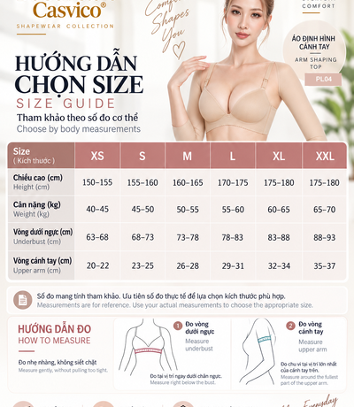 Poster bảng size XS đến XXL, người mẫu mặc gen tay màu da và hướng dẫn đo