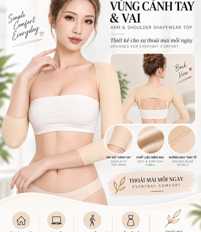 Poster gen tay màu da với ảnh người mẫu phía trước, ảnh mặt sau và các ô cận vải