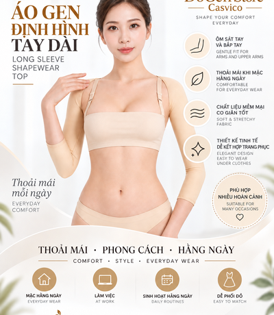 Người mẫu mặc gen tay màu da, hai tay trước người, cạnh các ảnh cận vải và đường may