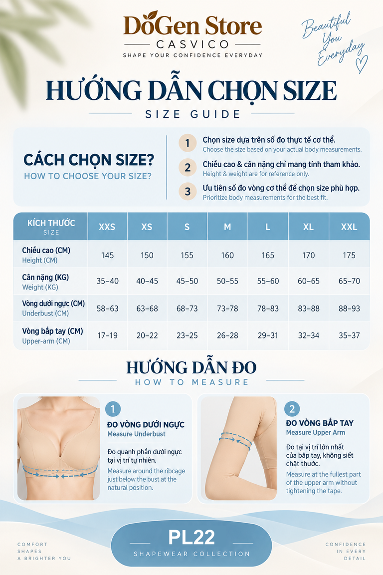 Bảng size XXS đến XXL và hình đo vòng dưới ngực, vòng bắp tay trên trang phục màu da