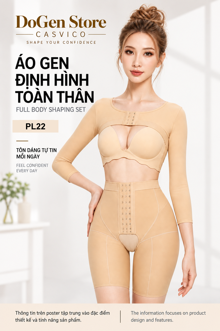 Người mẫu mặc áo gen màu da phối áo ngực và quần gen cạp cao trong poster