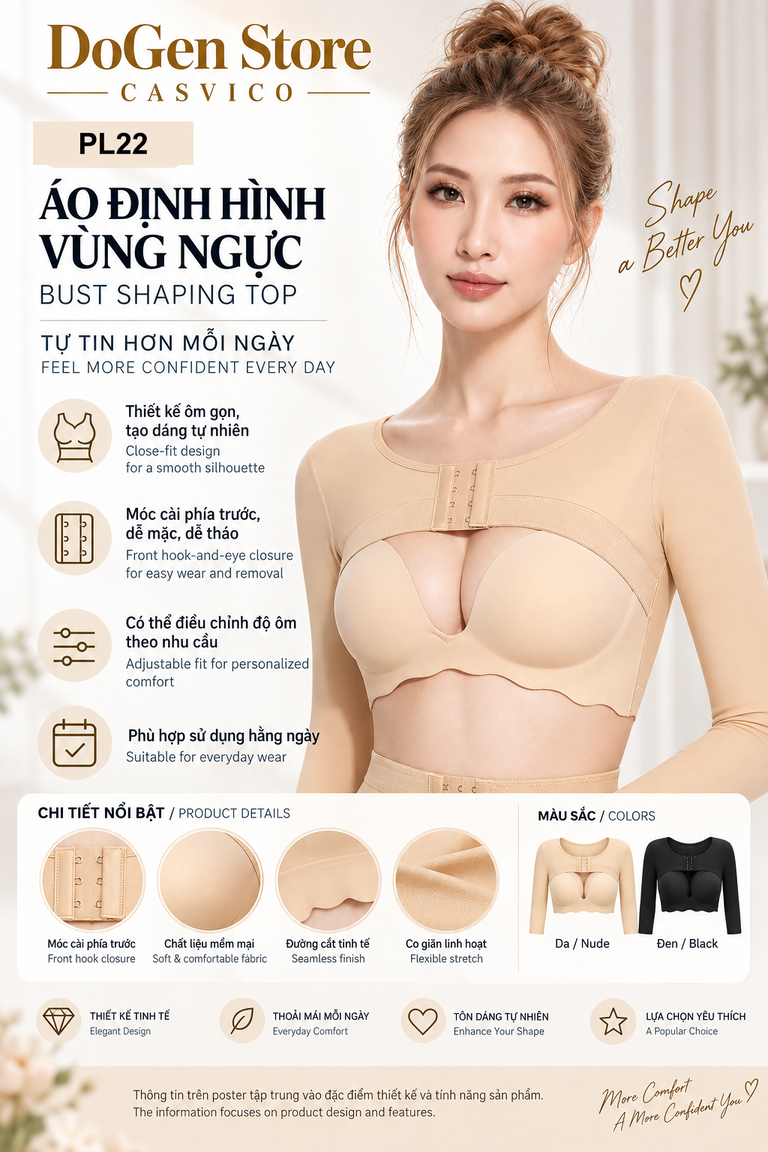 Áo gen màu da với khoảng mở quanh ngực, hình cận móc và ô giới thiệu màu da, đen