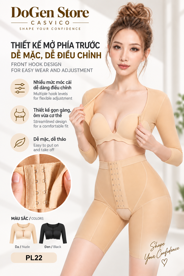 Người mẫu mở hai bên áo gen màu da, hình cận móc và mẫu áo màu da, đen