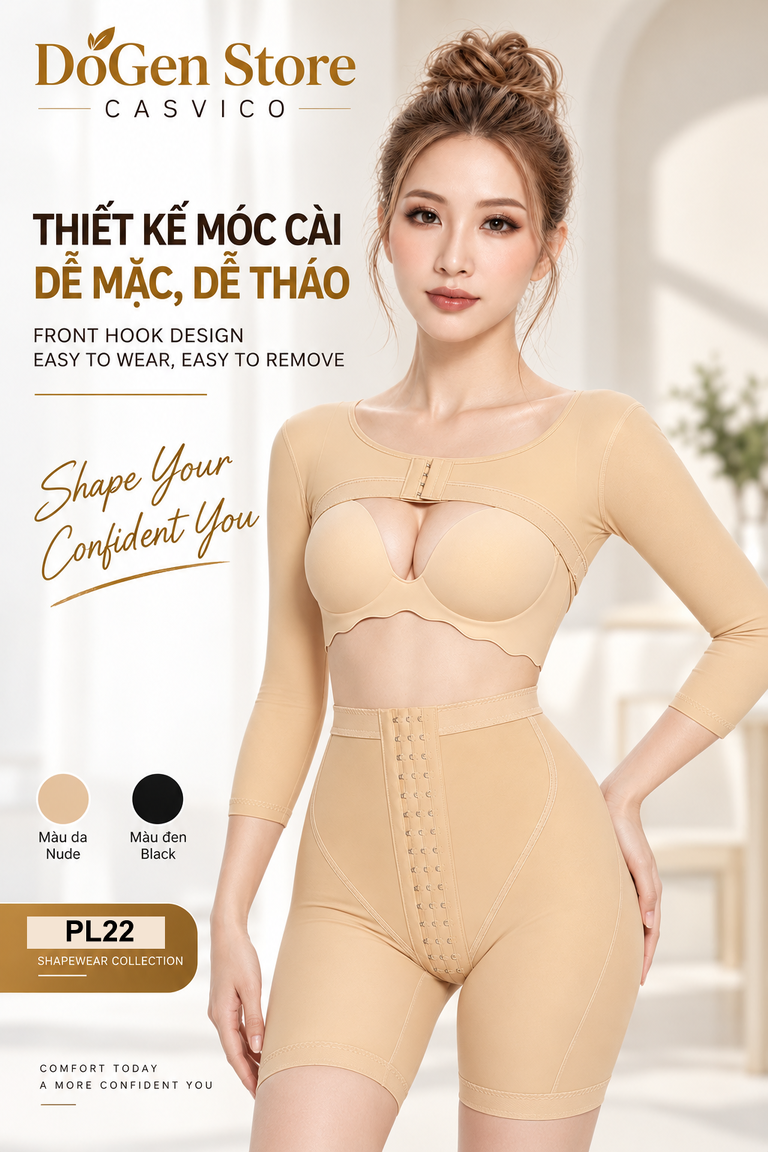 Người mẫu mặc áo gen màu da có móc gài trước, quần phối cùng và ô màu da, đen
