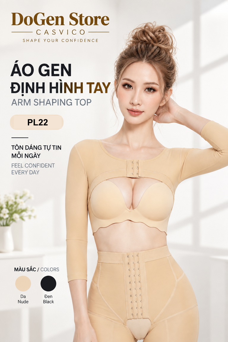 Người mẫu mặc áo gen màu da có tay qua khuỷu, kèm ô màu da và đen