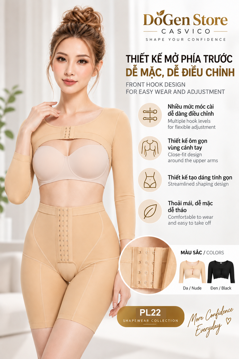 Áo gen màu da trên người mẫu, hình cận móc và hình nhỏ màu da, đen