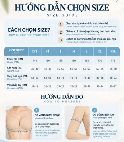 Bảng size XXS đến XXL và hình đo vòng dưới ngực, vòng bắp tay trên trang phục màu da