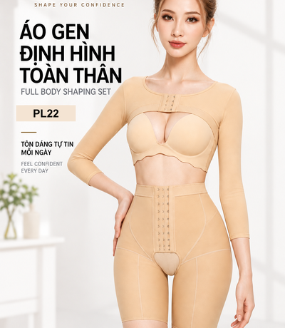 Người mẫu mặc áo gen màu da phối áo ngực và quần gen cạp cao trong poster