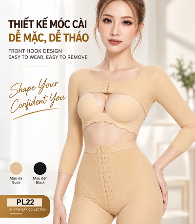 Người mẫu mặc áo gen màu da có móc gài trước, quần phối cùng và ô màu da, đen