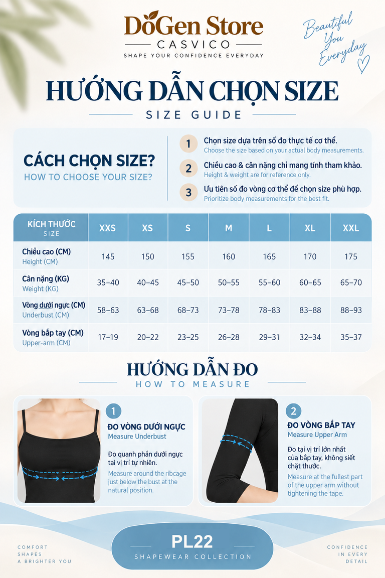 Bảng size XXS đến XXL và hình đo vòng dưới ngực, vòng bắp tay trên trang phục màu đen