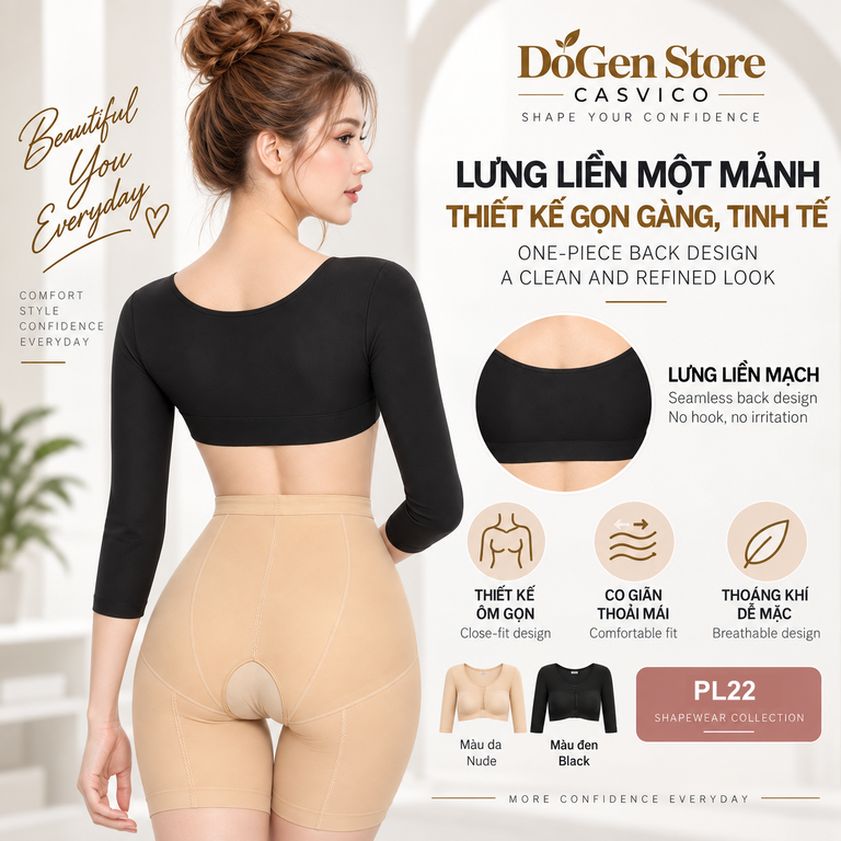 Người mẫu nhìn từ sau mặc áo gen màu đen phối quần màu da, kèm hình áo màu da, đen