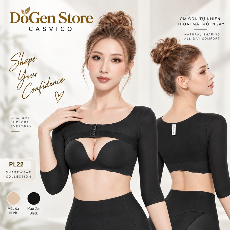 Hai góc trước và sau của áo gen màu đen tay qua khuỷu, kèm ô màu da, đen