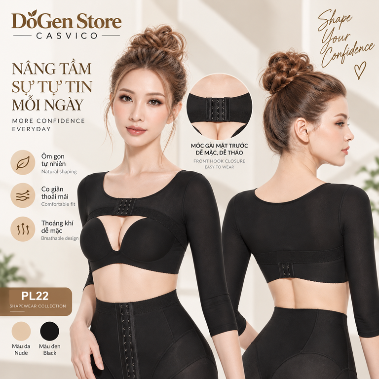 Poster áo gen màu đen với góc trước, góc lưng có chi tiết móc và ô màu da, đen