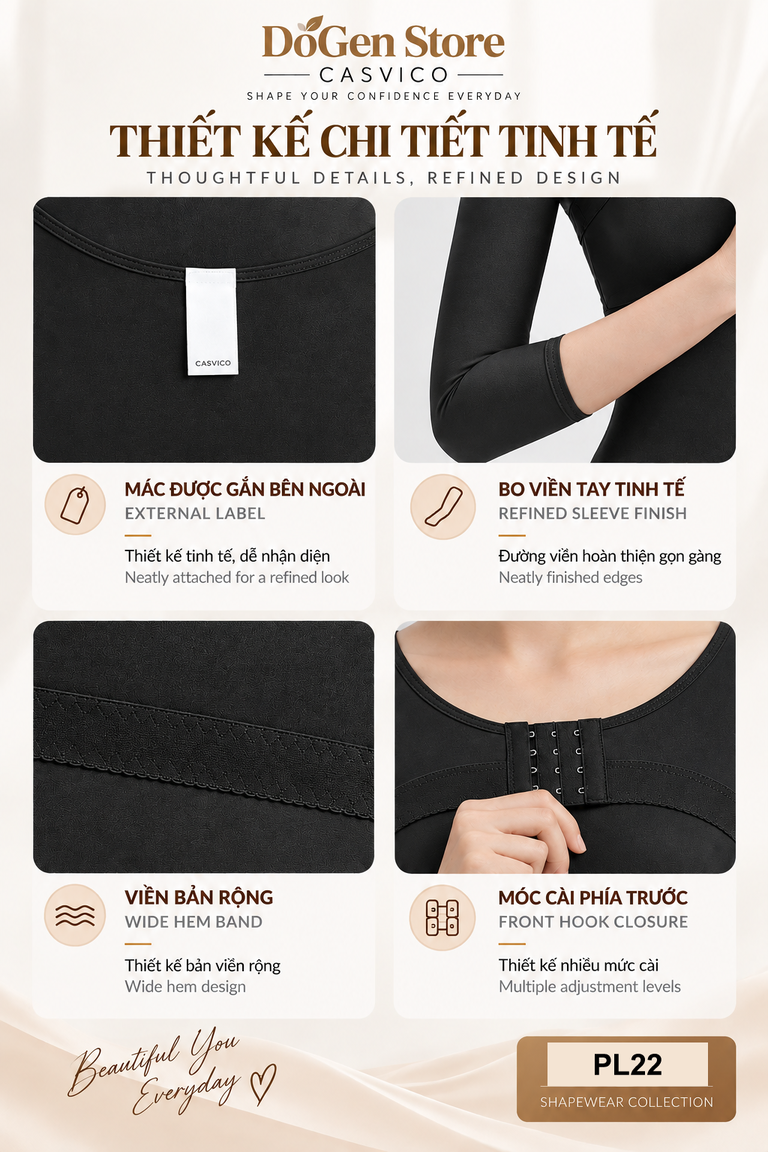 Bốn hình cận nhãn ngoài, bo tay, viền bản rộng và móc gài của áo đen