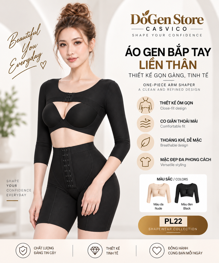 Người mẫu mặc áo gen màu đen phối áo ngực và quần gen đen, kèm hình nhỏ màu da, đen