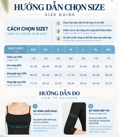 Bảng size XXS đến XXL và hình đo vòng dưới ngực, vòng bắp tay trên trang phục màu đen
