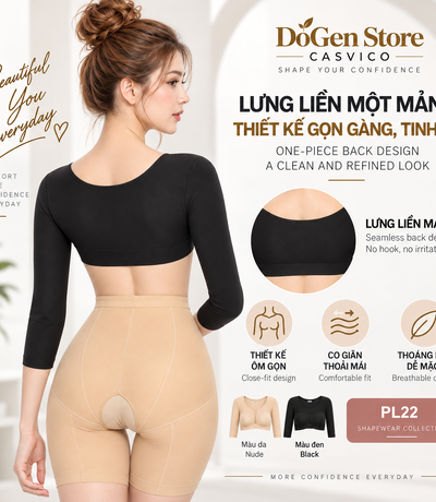 Người mẫu nhìn từ sau mặc áo gen màu đen phối quần màu da, kèm hình áo màu da, đen