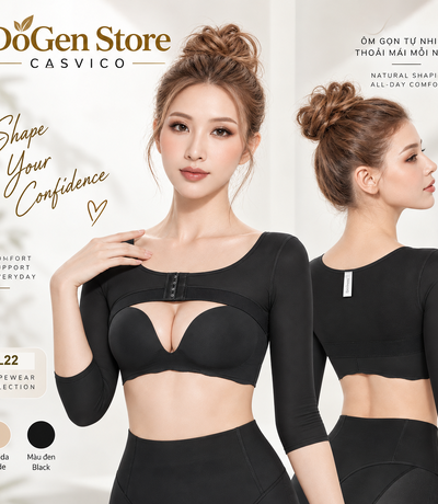 Hai góc trước và sau của áo gen màu đen tay qua khuỷu, kèm ô màu da, đen