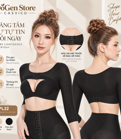 Poster áo gen màu đen với góc trước, góc lưng có chi tiết móc và ô màu da, đen