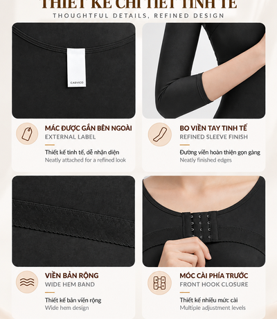 Bốn hình cận nhãn ngoài, bo tay, viền bản rộng và móc gài của áo đen
