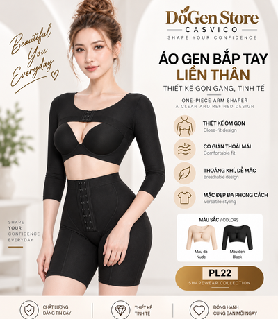 Người mẫu mặc áo gen màu đen phối áo ngực và quần gen đen, kèm hình nhỏ màu da, đen