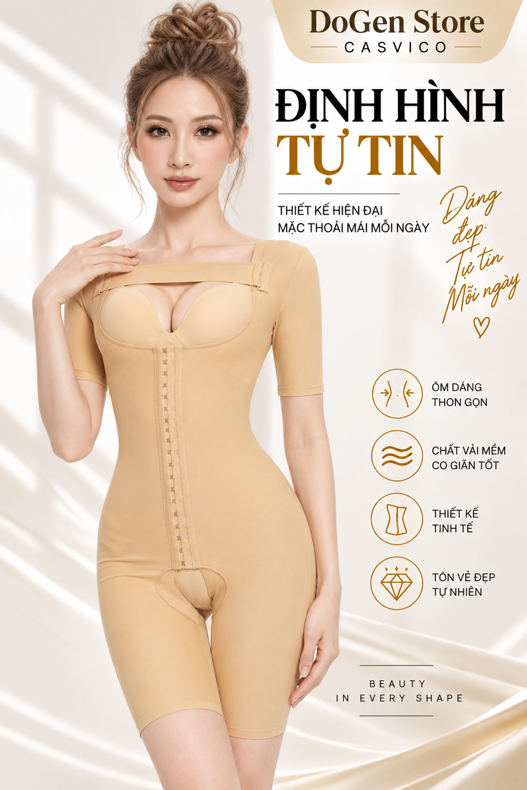 Người mẫu mặc bộ gen màu da có tay áo và móc cài dọc phía trước