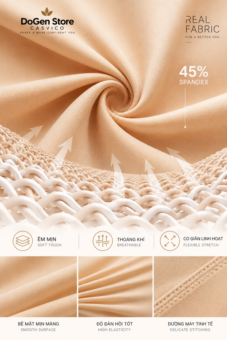Poster vải màu da có thông tin 45% Spandex và hình cận đường may