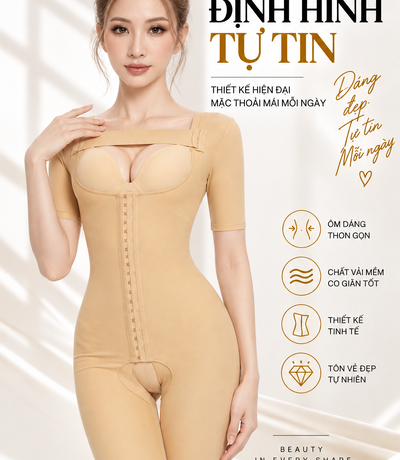 Người mẫu mặc bộ gen màu da có tay áo và móc cài dọc phía trước